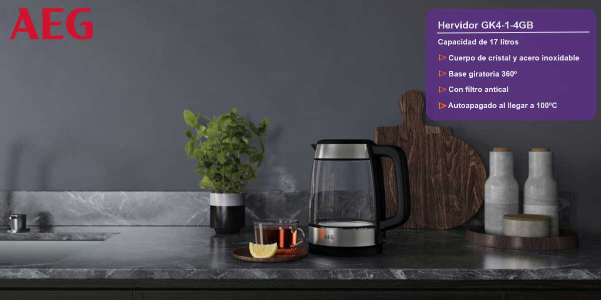 Aeg gk4 1 4gb hervidor 2200w 1.7l jarra de cristal color inox