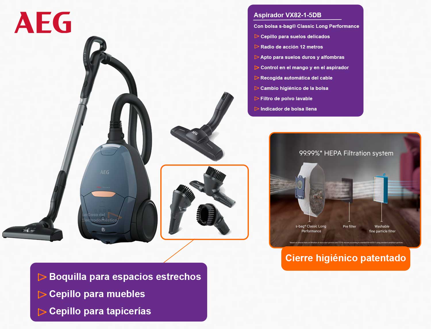 Aeg vx82 1 5db aspirador con bolsa 600w filtro hepa ruedas antiarañazos