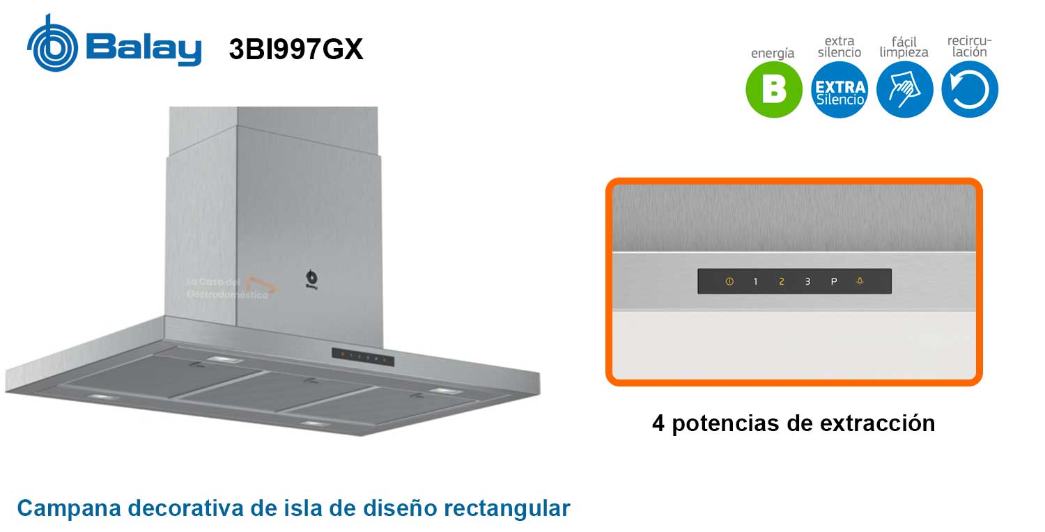 Balay 3bi997gx campana isla 90 cm iluminaci&oacute;n led clase b inoxidable