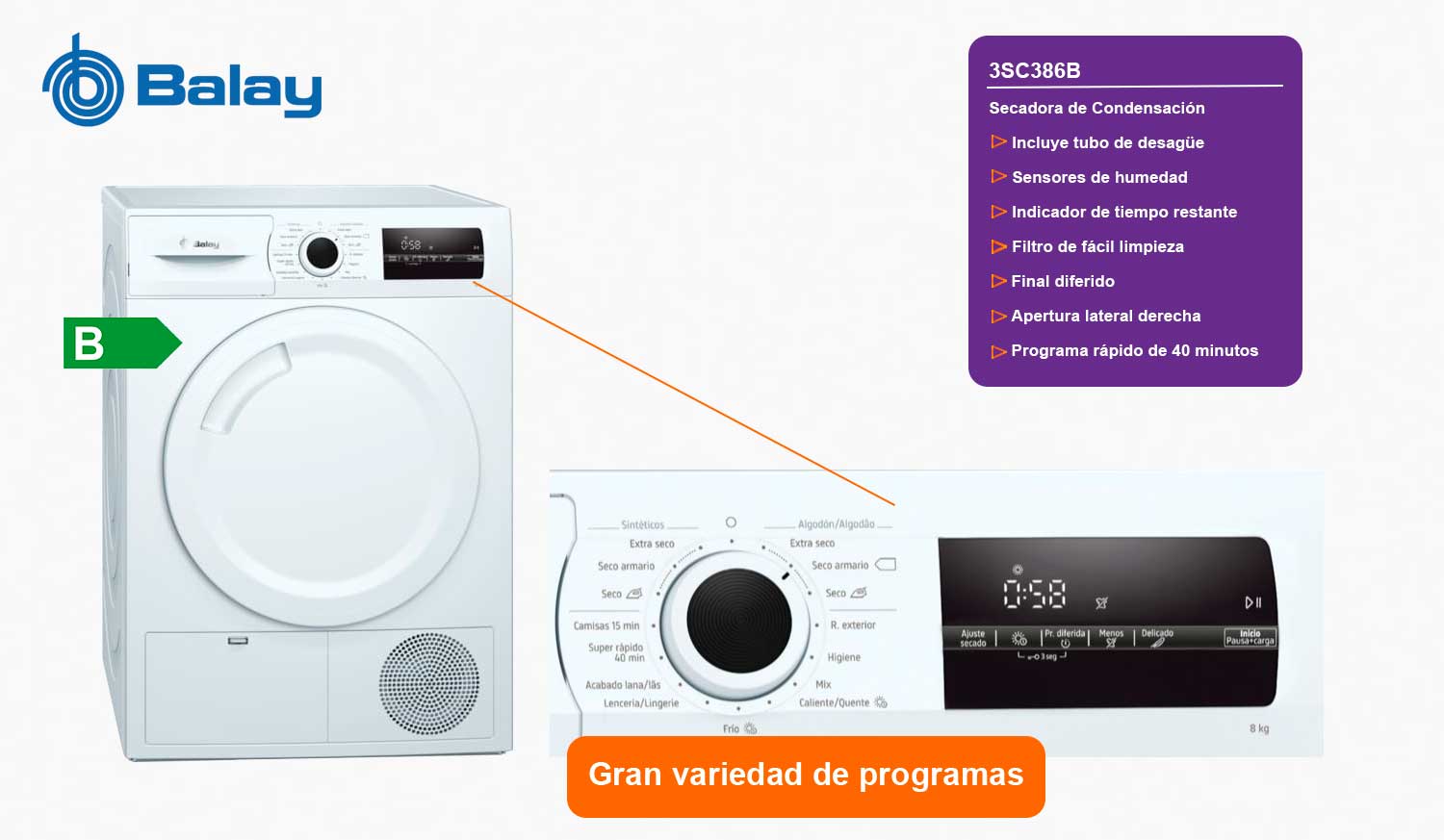 Balay 3sc386b secadora de condensación 8kg sensores de humedad clase b