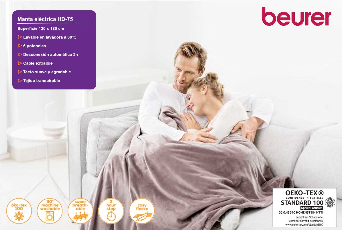 Beurer hd 75 manta el&eacute;ctrica 130x180cm 6 potencias color marr&oacute;n