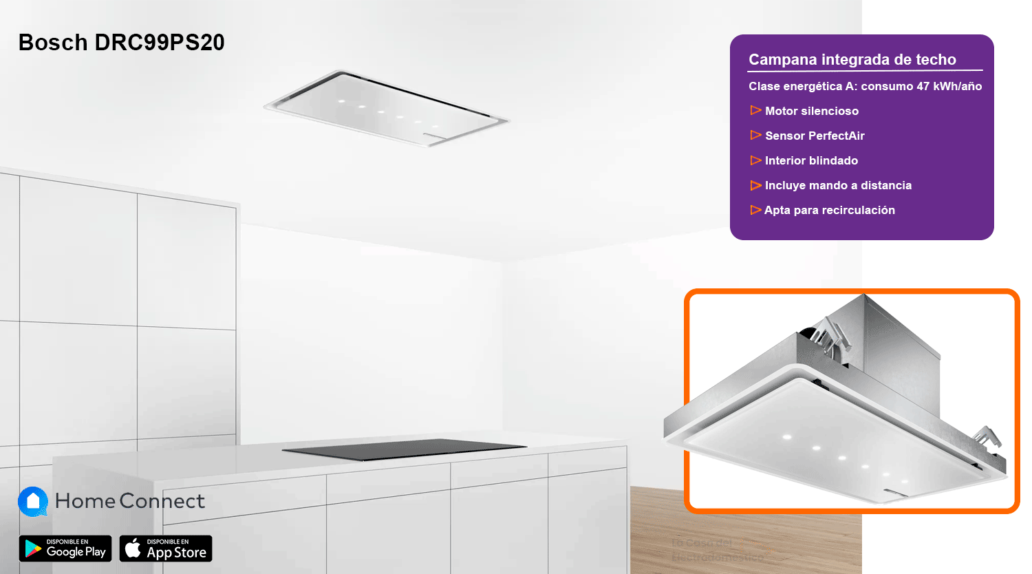 Bosch drc99ps20 campana de techo serie 8 de 90cm en cristal blanco