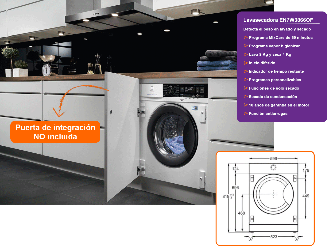 Electrolux en7w3866of lavasecadora integrada 84kg 1600rpm clase d