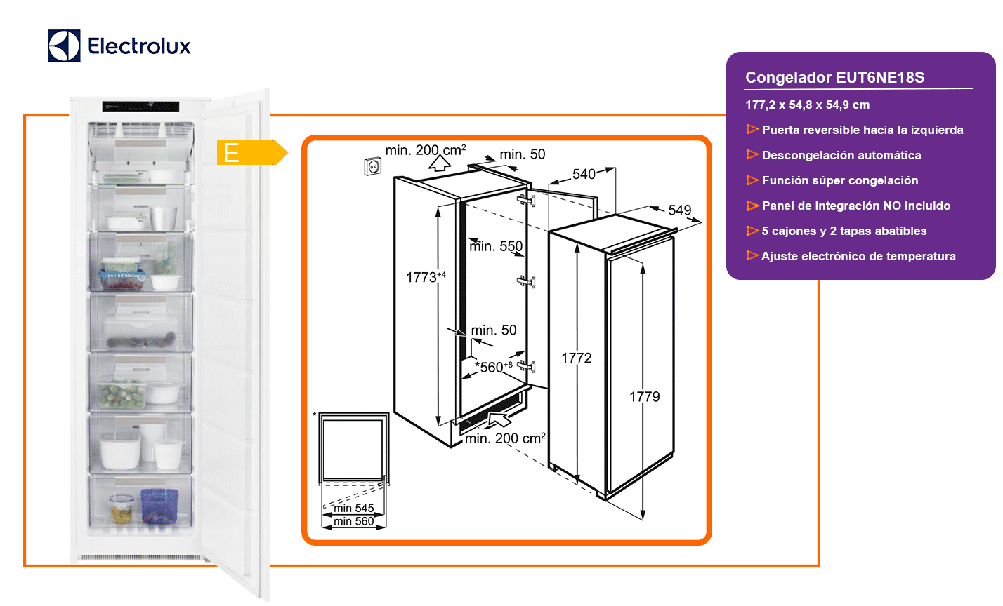 Electrolux eut6ne18s congelador vertical integrado 177.2x54.8x54.9 cmcm