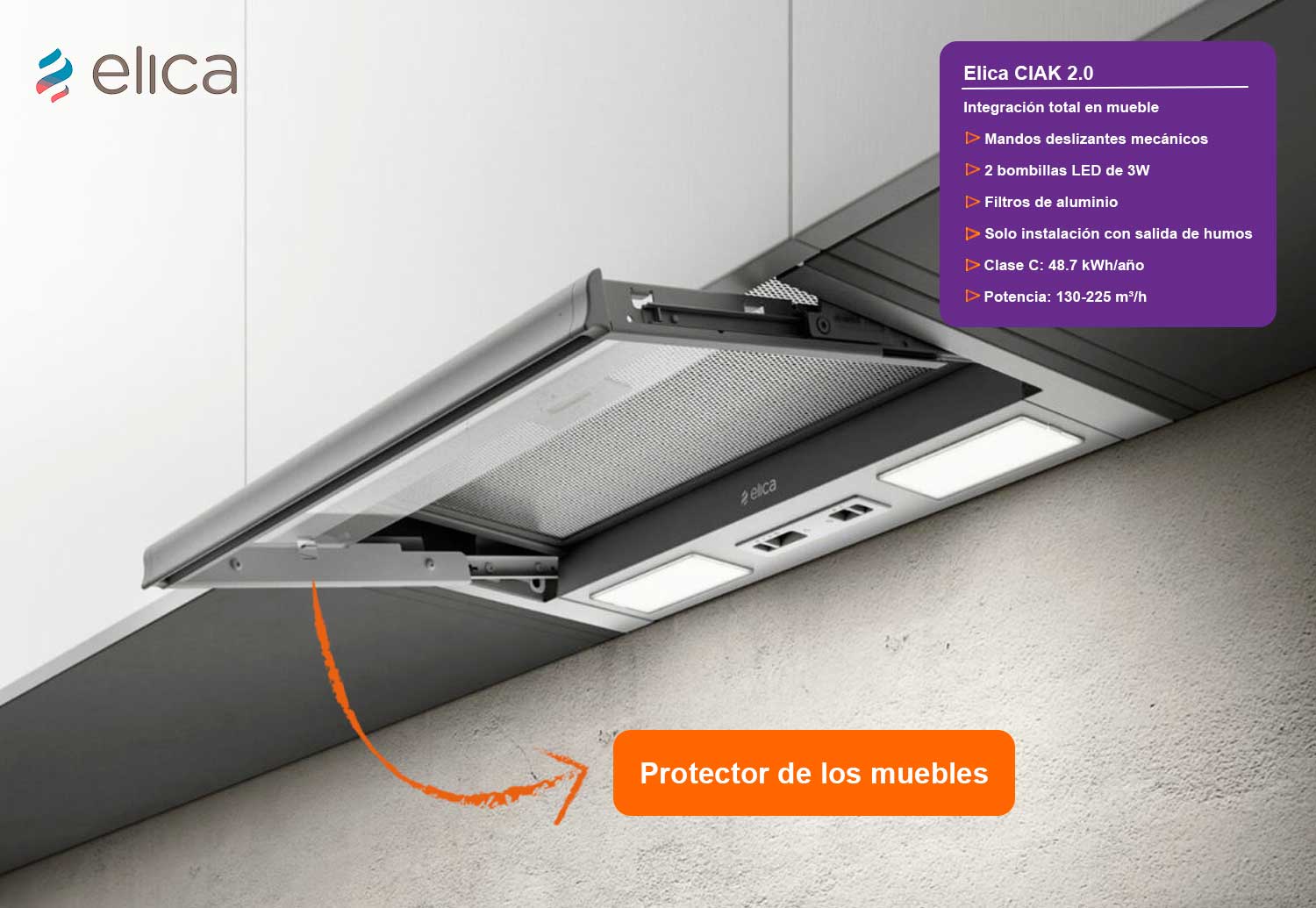 Elica ciak 2.0 grupo filtrante con panel 60cm clase c aspirante inox