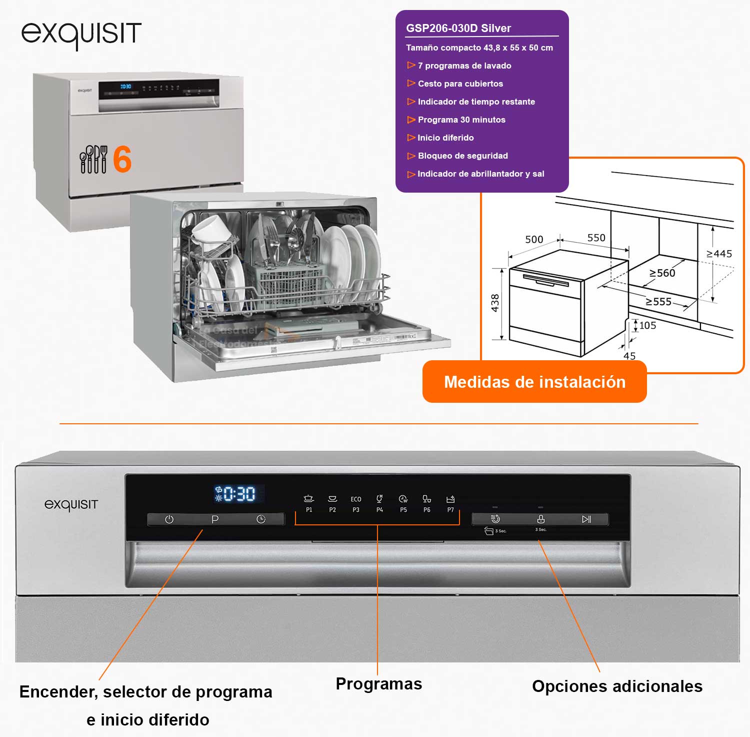 Exquisit gsp206 030d silver lavavajillas compacto 6 cubiertos clase d inox 02