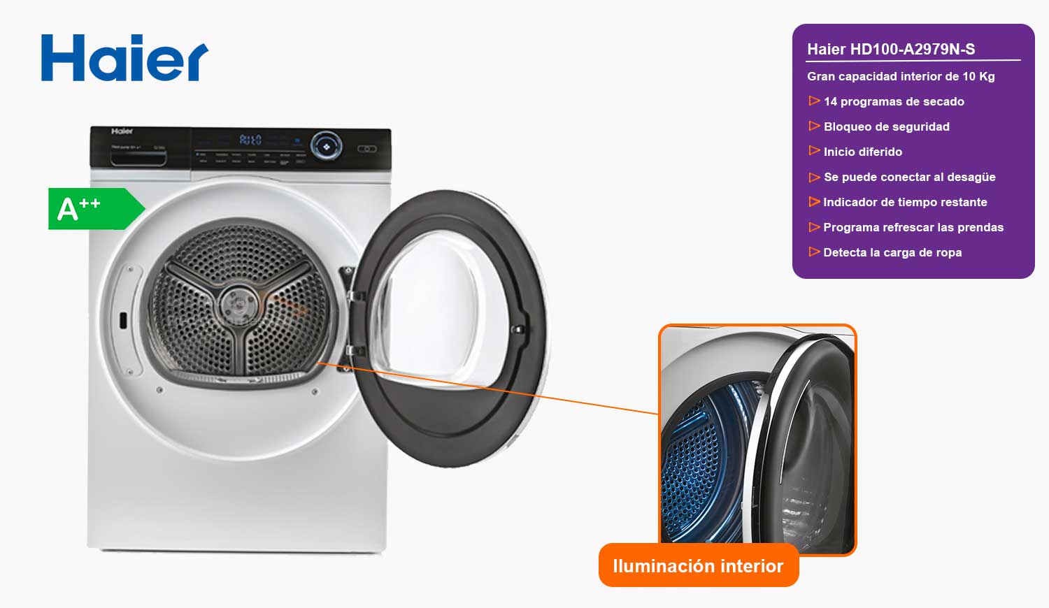 Haier hd100 a2979n s secadora bomba de calor 10kg sensor de carga a++