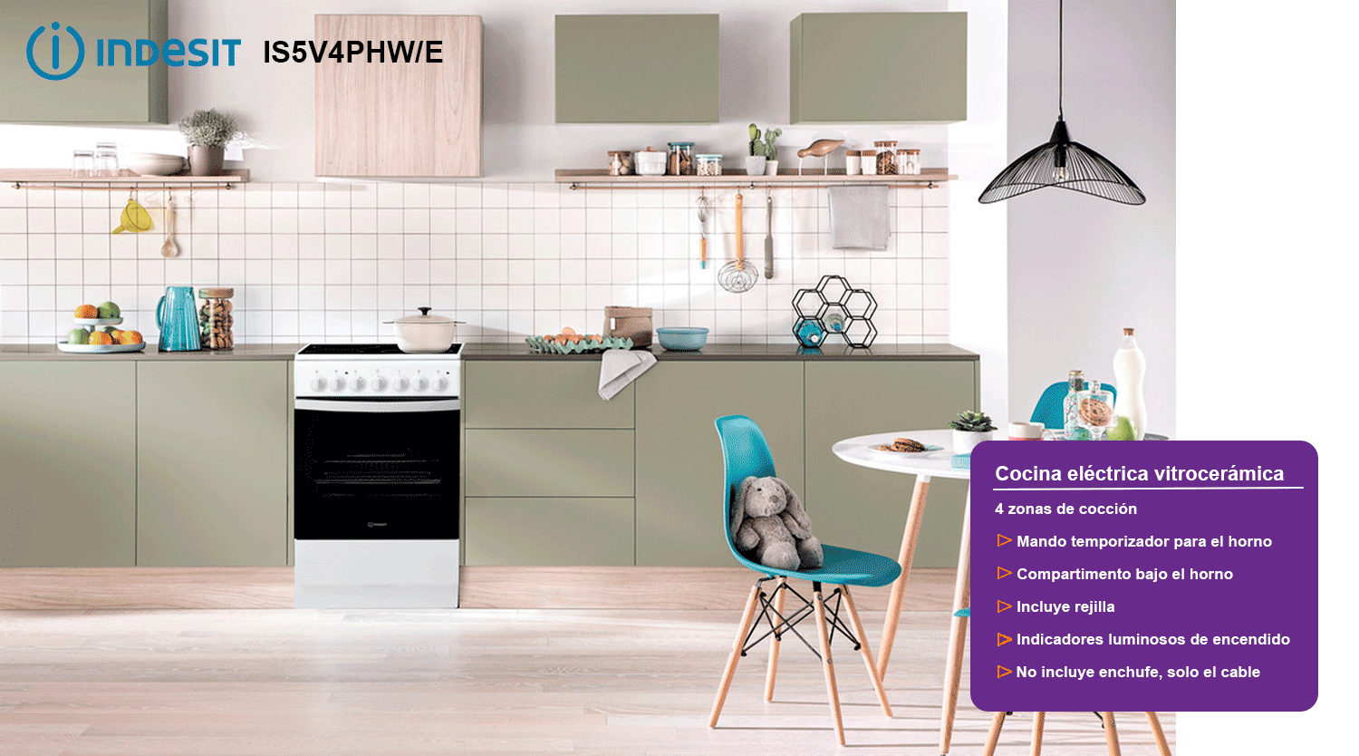 Indesit is5v4phwe cocina vitrocer&aacute;mica 4 zonas + horno el&eacute;ctrico 50 cm