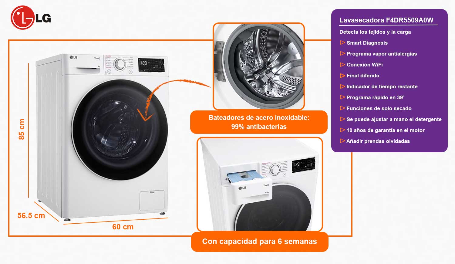 Lg f4dr5509a0w lavasecadora 96kg 1400rpm autodosificaci&oacute;n clase d