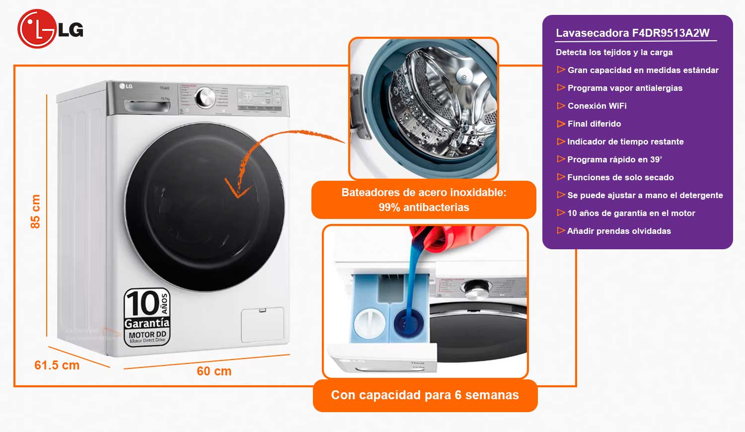 Lg f4dr9513a2w lavasecadora 137kg 1400rpm autodosificación con vapor d