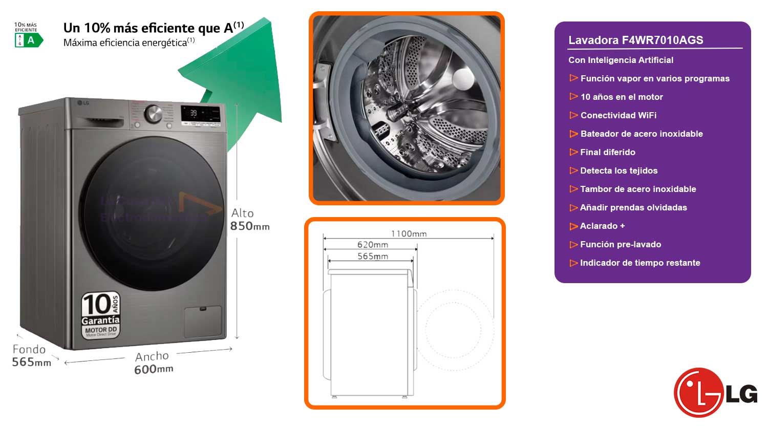 Lg f4wr7010ags lavadora ai direct drive 10 kg 1400rpm vapor clase a inox