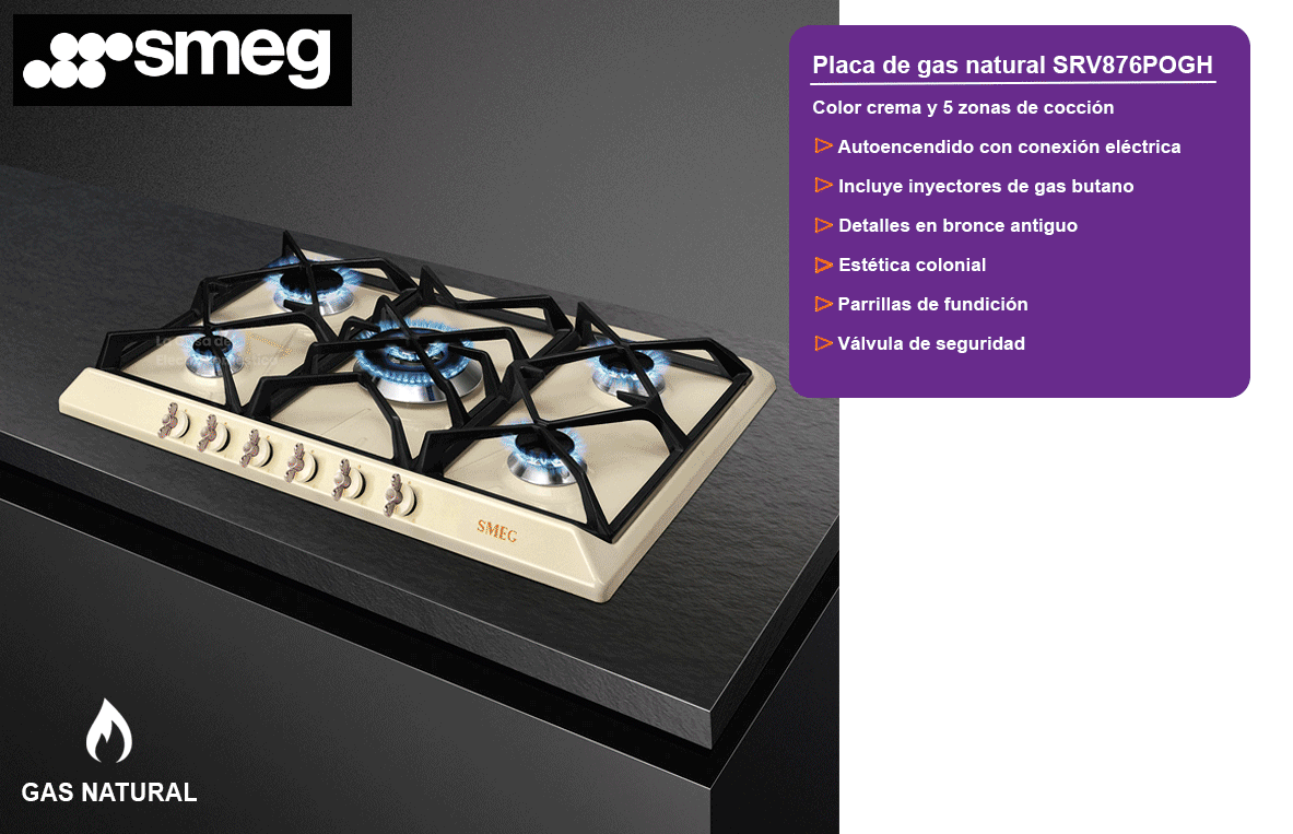 Smeg srv876pogh placa de gas natural 70cm 5 quemadores color crema
