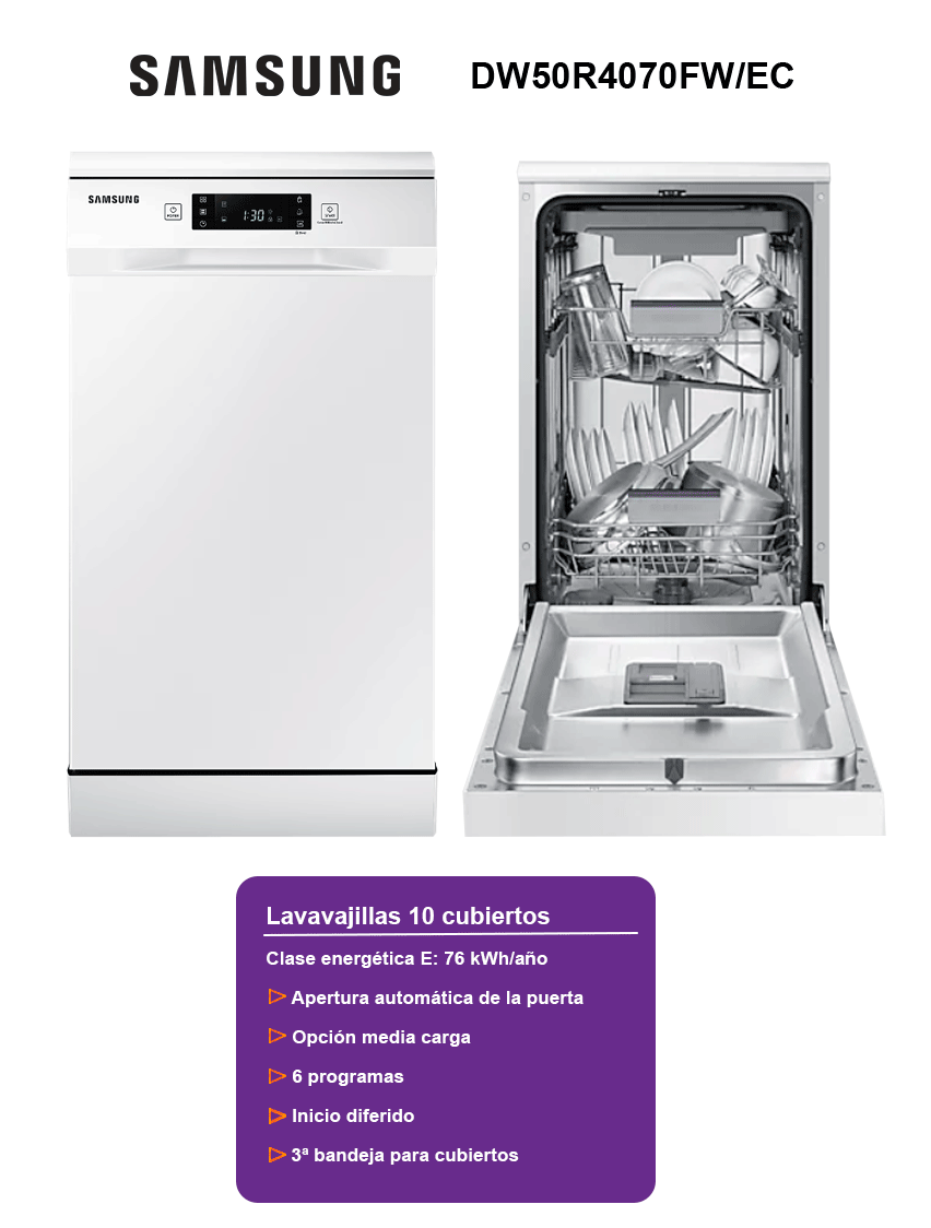 Samsung dw50r4070fwec lavavajillas 45cm 10 cubiertos clase e blanco