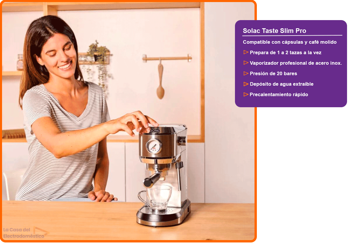 Solac taste slim pro cafetera espresso 20 bares con vaporizador acero inox