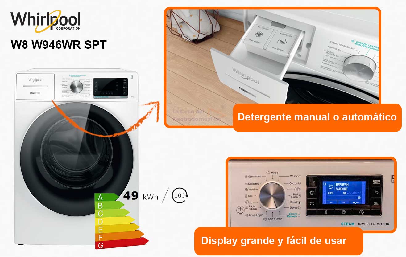 Whirlpool w8 w946wr spt lavadora 9kg 1400rpm autodosificaci&oacute;n clase a