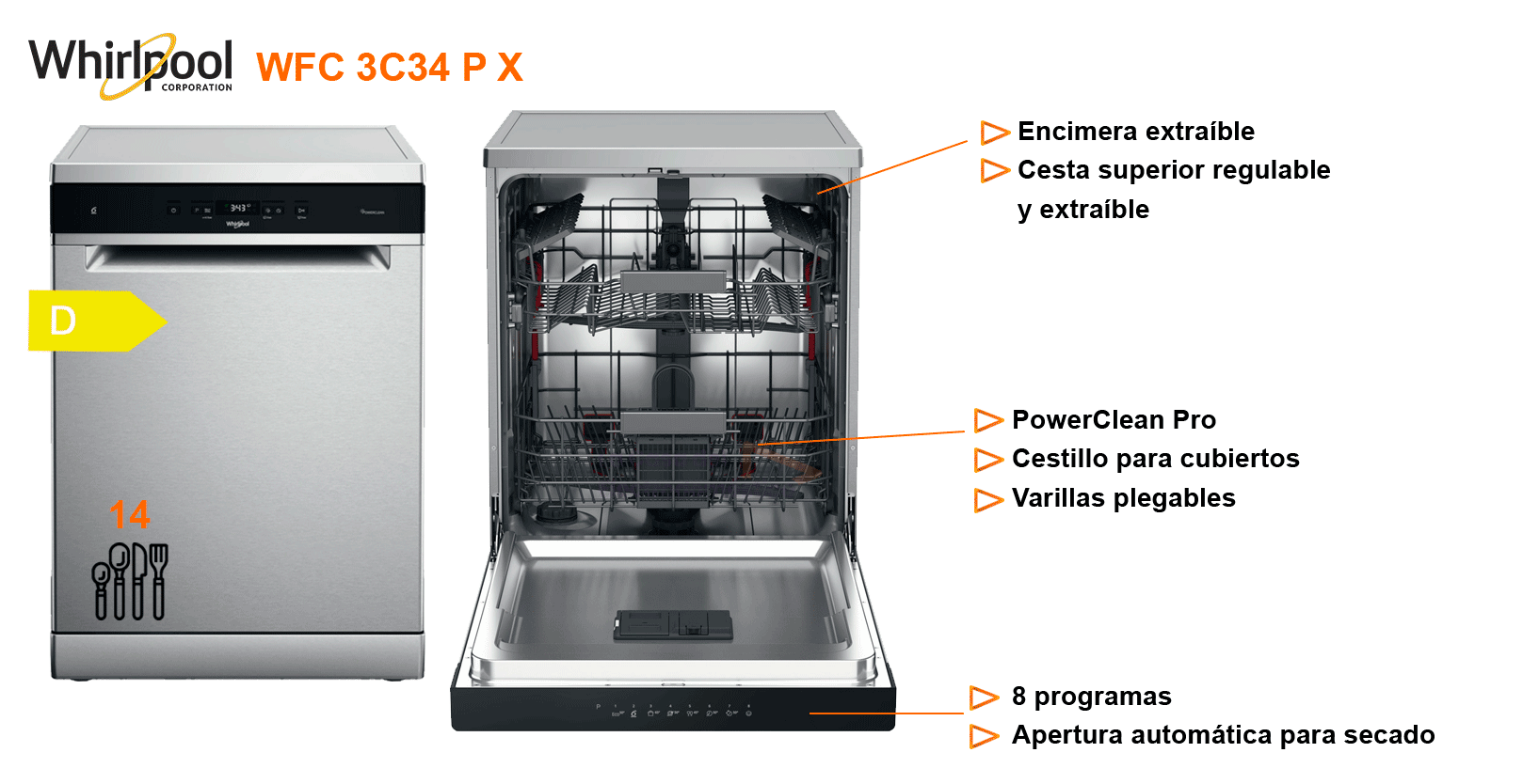 Whirlpool wfc 3c34 p x lavavajillas 14 cubiertos 60cm clase d inox